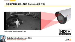 Axis Solution Conference 2014
Eyeing the future. Defining expertise.
AXIS P1425-LE – 採用 OptimizedIR 技術
AXIS P1425-E Network Camera ~1 Lux
 