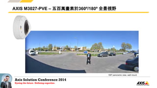Axis Solution Conference 2014
Eyeing the future. Defining expertise.
AXIS M3027-PVE – 五百萬畫素於360º/180º 全景視野
180º panoramic view, wall mount
 