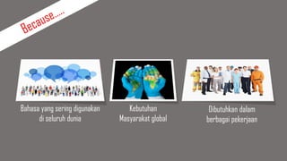 Bahasa yang sering digunakan
di seluruh dunia
Kebutuhan
Masyarakat global
Dibutuhkan dalam
berbagai pekerjaan
 