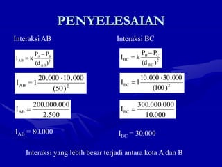 PENYELESAIAN
2
AB
B
A
AB
)
(d
P
P
k
I


2
BC
)
100
(
000
.
30
000
.
10
1
I


Interaksi AB
000
.
10
000
.
000
.
300
IBC 
2
C
B
C
B
C
B
)
(d
P
P
k
I


2
AB
)
50
(
000
.
10
000
.
20
1
I


500
.
2
000
.
000
.
200
IAB 
Interaksi BC
IAB = 80.000 IBC = 30.000
Interaksi yang lebih besar terjadi antara kota A dan B
 