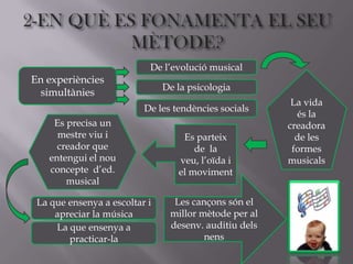 De l’evolució musical
En experiències
                               De la psicologia
  simultànies
                                                        La vida
                          De les tendències socials
                                                         és la
    Es precisa un                                      creadora
     mestre viu i                  Es parteix            de les
     creador que                      de la             formes
   entengui el nou                veu, l’oïda i        musicals
   concepte d’ed.                 el moviment
       musical

 La que ensenya a escoltar i     Les cançons són el
     apreciar la música         millor mètode per al
     La que ensenya a           desenv. auditiu dels
        practicar-la                    nens
 