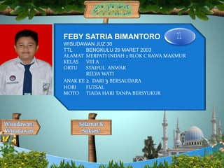 Selamat &
Sukses!
Wisudawan/
Wisudawati
FEBY SATRIA BIMANTORO
WISUDAWAN JUZ 30
TTL BENGKULU 29 MARET 2003
ALAMAT MERPATI INDAH 2 BLOK C RAWA MAKMUR
KELAS VIII A
ORTU SYAIFUL ANWAR
RELYA WATI
ANAK KE 2 DARI 3 BERSAUDARA
HOBI FUTSAL
MOTO TIADA HARI TANPA BERSYUKUR
 
