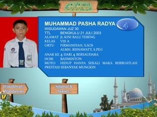 Selamat &
Sukses!
Wisudawan/
Wisudawati
MUHAMMAD PASHA RADYA
WISUDAWAN JUZ 30
TTL BENGKULU 21 JULI 2003
ALAMAT JL KINI BALU TEBENG
KELAS VIII A
ORTU FIRMANSYAH, S.SOS
ALMH. RISNAWATY, S.PD.I
ANAK KE 4 DARI 4 BERSAUDARA
HOBI BADMINTON
MOTO HIDUP HANYA SEKALI MAKA BERBUATLAH
PRESTASI SEBANYAK MUNGKIN
 