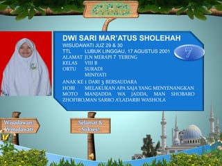 Selamat &
Sukses!
Wisudawan/
Wisudawati
DWI SARI MAR’ATUS SHOLEHAH
WISUDAWATI JUZ 29 & 30
TTL LUBUK LINGGAU, 17 AGUSTUS 2001
ALAMAT JLN MERAPI 7 TEBENG
KELAS VIII B
ORTU SURADI
MINIYATI
ANAK KE 1 DARI 3 BERSAUDARA
HOBI MELAKUKAN APA SAJA YANG MENYENANGKAN
MOTO MANJADDA WA JADDA, MAN SHOBARO
ZHOFIRO,MAN SARRO A’LADARBI WASHOLA
 