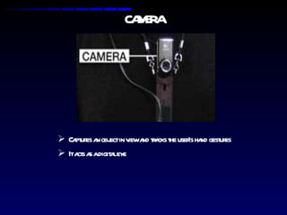 CAMERA Captures an object in view and tracks the user’s hand gestures It acts as a digital eye  