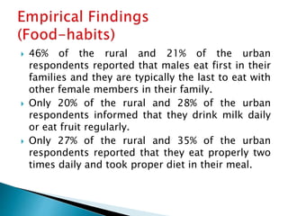  46% of the rural and 21% of the urban
respondents reported that males eat first in their
families and they are typically...