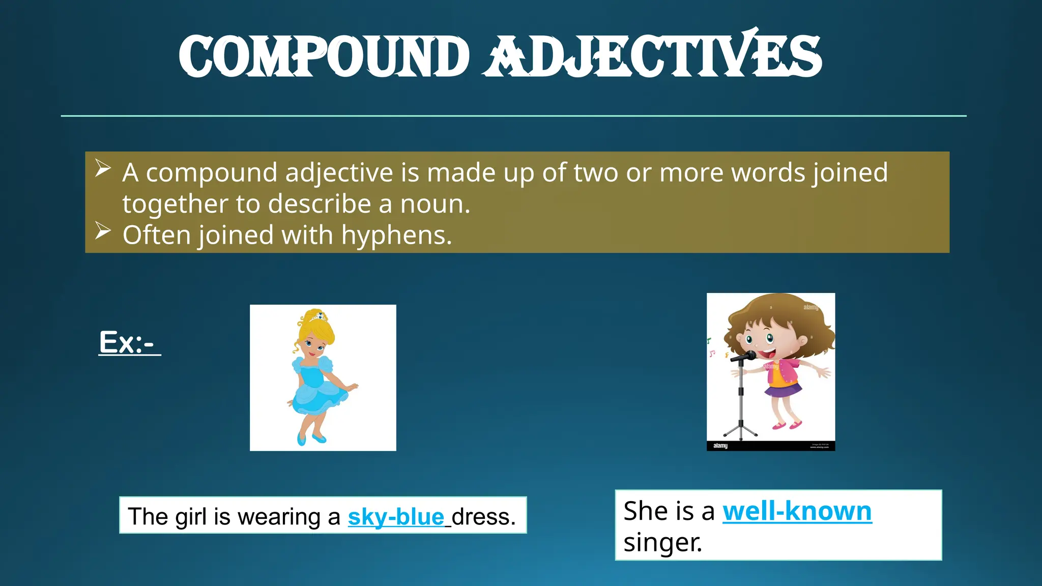 COMPOUND ADJECTIVES
 A compound adjective is made up of two or more words joined
together to describe a noun.
 Often joined with hyphens.
The girl is wearing a sky-blue dress. She is a well-known
singer.
Ex:-
 