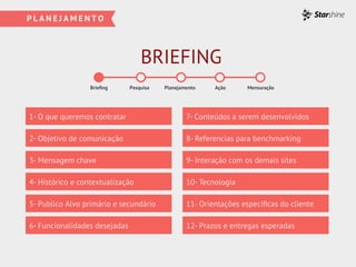 BRIEFING
Brieﬁng Pesquisa Planejamento Ação Mensuração
1- O que queremos contratar
2- Objetivo de comunicação
3- Mensagem chave
4- Histórico e contextualização
5- Publico Alvo primário e secundário
6- Funcionalidades desejadas
7- Conteúdos a serem desenvolvidos
8- Referencias para benchmarking
9- Interação com os demais sites
10- Tecnologia
11- Orientações especiﬁcas do cliente
12- Prazos e entregas esperadas
 