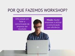 POR QUE FAZEMOS WORKSHOP?
Diﬁculdade em
fazer a
comunicação da
empresa dar
resultado
Missão: Ajudar
empresas a utilizar
a comunicação
com eﬁciência
 
