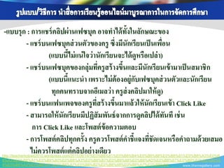 -แบบรุ ก : การแชร์ คลิปผ่ านเฟซบุค อาจทาได้ ท้งในลักษณะของ
                                                ั
        - แชร์ บนเฟซบุคส่ วนตัวของครู ซึ่งมีนักเรียนเป็ นเพือน  ่
                 (แบบนีไม่ แน่ ใจว่ านักเรียนจะได้ ดูหรือเปล่ า)
                        ้
        - แชร์ บนเฟซบุคของกลุ่มทีครู สร้ างขึนและมีนักเรี ยนเข้ ามาเป็ นสมาชิ ก
                                        ่     ้
                 (แบบนีแนะนา เพราะไม่ ต้องอยู่กบเฟซบุคส่ วนตัวและนักเรียน
                          ้                         ั
                  ทุกคนทราบจากอีเมลว่ า ครู ส่งคลิปมาให้ ดู)
        - แชร์ บนแฟนเพจของครู ทสร้ างขึนมาแล้ วให้ นักเรียนเข้ า Click Like
                                     ี่     ้
        - สามารถให้ นักเรี ยนมีปฏิสัมพันธ์ จากการดูคลิปได้ ทนที เช่ น
                                                                  ั
           การ Click Like และโพสต์ ข้อความตอบ
        - การโพสต์ คลิปทุกครั้ง ครู ควรโพสต์ คาชี้แจงทีชัดเจนหรื อคาถามด้ วยเสมอ
                                                          ่
          ไม่ ควรโพสต์ แต่ คลิปอย่างเดียว
http://teacherkobwit2010.wordpress.com/2011/06/14/%E0%B8%81%E0%B8%B4%E0%B8%88%E0%B8%81%E0%B8%A3%E0%B
8%A3%E0%B8%A1%E0%B9%80%E0%B8%A3%E0%B8%B7%E0%B9%88%E0%B8%AD%E0%B8%87%E0%B9%82%E0%B8%8
4%E0%B8%A3%E0%B8%87%E0%B8%87%E0%B8%B2%E0%B8%99%E0%B8%A7%E0%B8%B4/                     www.themegallery.com
 