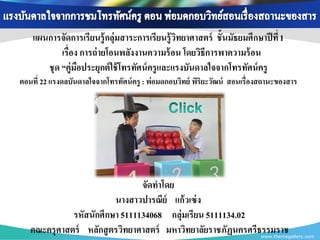 แผนการจัดการเรียนรู้ กลุ่มสาระการเรียนรู้ วทยาศาสตร์ ชั้นมัธยมศึกษาปี ที่ 1
                                               ิ
           เรื่อง การถ่ ายโอนพลังงานความร้ อน โดยวิธีการพาความร้ อน
       ชุด “คู่มอประยุกต์ ใช้ โทรทัศน์ ครูและแรงบันดาลใจจากโทรทัศน์ ครู
                 ื
ตอนที่ 22 แรงดลบันดาลใจจากโทรทัศน์ ครู : พ่อมดกอบวิทย์ พิริยะวัฒน์ สอนเรื่องสถานะของสาร




                               จัดทาโดย
                        นางสาวปารณีย์ แก้ วเซ่ ง
             รหัสนักศึกษา 5111134068 กลุ่มเรียน 5111134.02
   คณะครุศาสตร์ หลักสู ตรวิทยาศาสตร์ มหาวิทยาลัยราชภัฏนครศรีธรรมราช        www.themegallery.com
 