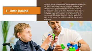 The goal should be attainable within the timeframe of the
IEP. An IEP is typically valid for one year. However, if a
related service gets added to the plan mid-year, the
specialist will create goals for a shorter time. To ensure
that you are using the correct timeframe, look for the
next annual IEP date and write it into the goals. Refer
back to this part of the goal to check that the target is
attainable.
T: Time-bound
 