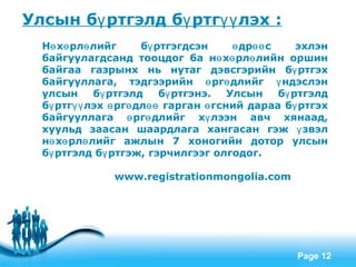 Улсын бү ртгэлд бү ртгүү лэх :
  Нө хө рлө лийг      бү ртгэгдсэн     ө дрөө с     эхлэн
  байгуулагдсанд тооцдог ба нө хө рлө лийн оршин
  байгаа газрынх нь нутаг дэвсгэрийн бү ртгэх
  байгууллага, тэдгээрийн ө ргө длийг ү ндэслэн
  улсын      бү ртгэлд    бү ртгэнэ.  Улсын     бү ртгэлд
  бү ртгүү лэх ө ргө длөө гарган ө гсний дараа бү ртгэх
  байгууллага ө ргө длийг хү лээн авч хянаад,
  хуульд заасан шаардлага хангасан гэж ү звэл
  нө хө рлө лийг ажлын 7 хоногийн дотор улсын
  бү ртгэлд бү ртгэж, гэрчилгээг олгодог.

               www.registrationmongolia.com




                   Free Powerpoint Templates
                                                   Page 12
 
