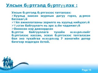 Улсын бү ртгэлд бү ртгүү лэх :
  Улсын бү ртгэлд бү ртгэхээс татгалзах:
  Хуульд заасан журмын дагуу гэрээ, дү рмээ
  батлаагү й
  Ү йл ажиллагааны зорилго нь хуульд нийцээгү й
  Үү сгэн байгуулагч нь эрх зү йн чадамжгү й
  Оноосон нэр давхардсан
  Бү ртгэх   байгууллага     тухайн    нө хө рлө лийг
  бү ртгэлээс хассан, эсвэл бү ртгэхээс татгалзсан
  бол энэ тухайгаа нө хө рлө лд 7 хоногийн дотор
  бичгээр мэдэгдэх ёстой.




                  Free Powerpoint Templates
                                               Page 15
 