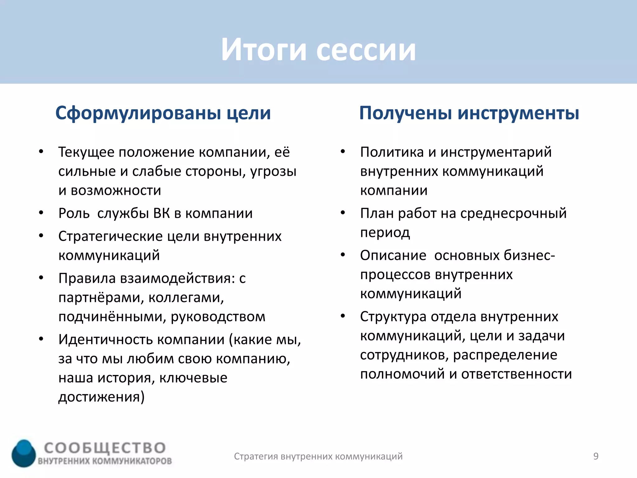 Итоги сессии
  Сформулированы цели                            Получены инструменты
• Текущее положение компании, её             • Политика и инструментарий
  сильные и слабые стороны, угрозы             внутренних коммуникаций
  и возможности                                компании
• Роль службы ВК в компании                  • План работ на среднесрочный
• Стратегические цели внутренних               период
  коммуникаций                               • Описание основных бизнес-
• Правила взаимодействия: с                    процессов внутренних
  партнёрами, коллегами,                       коммуникаций
  подчинёнными, руководством                 • Структура отдела внутренних
• Идентичность компании (какие мы,             коммуникаций, цели и задачи
  за что мы любим свою компанию,               сотрудников, распределение
  наша история, ключевые                       полномочий и ответственности
  достижения)


                         Стратегия внутренних коммуникаций                    9
 