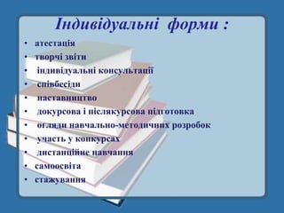 Індивідуальні форми :
•   атестація
•   творчі звіти
•    індивідуальні консультації
•    співбесіди
•    наставництво
•    докурсова і післякурсова підготовка
•    огляди навчально-методичних розробок
•    участь у конкурсах
•    дистанційне навчання
•   самоосвіта
•   стажування
 