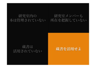 研究室内の       研究室メンバーも
本は管理されていない   所在を把握していない




   蔵書は
              蔵書を活用せよ
 活用されていない
 