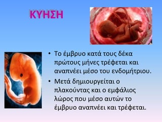 ΚΥΗΣΗ
• Το έμβρυο κατά τους δέκα
πρώτους μήνες τρέφεται και
αναπνέει μέσο του ενδομήτριου.
• Μετά δημιουργείται ο
πλακούντας και ο εμφάλιος
λώρος που μέσο αυτών το
έμβρυο αναπνέει και τρέφεται.
 