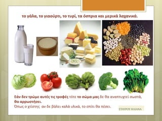 Εάν δεν τρώμε αυτές τις τροφές τότε το σώμα μας δε θα αναπτυχτεί σωστά,
θα αρρωστήσει.
Όπως ο χτίστης αν δε βάλει καλά υλικά, το σπίτι θα πέσει.
το γάλα, το γιαούρτι, το τυρί, τα όσπρια και μερικά λαχανικά.
ΣΤΑΥΡΟΥ ΗΛΙΑΝΑ
 