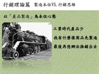 行銷理論篇 
製造本位VS.行銷思維 
工業時代產品少 
我有什麼樣商品先製造 
最後再想辦法推銷出去 
以「產品製造」為本位心態  