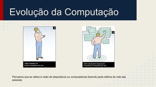 Evolução da Computação
Pervasiva que se refere à visão de dispositivos ou computadores fazendo parte efetiva da vida das
pessoas
 