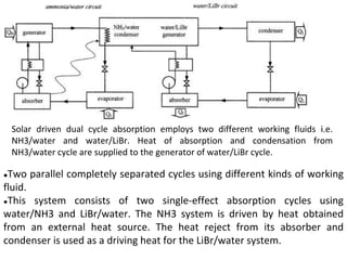 ●Two parallel completely separated cycles using different kinds of working
fluid.
●This system consists of two single-effect absorption cycles using
water/NH3 and LiBr/water. The NH3 system is driven by heat obtained
from an external heat source. The heat reject from its absorber and
condenser is used as a driving heat for the LiBr/water system.
Solar driven dual cycle absorption employs two different working fluids i.e.
NH3/water and water/LiBr. Heat of absorption and condensation from
NH3/water cycle are supplied to the generator of water/LiBr cycle.
 