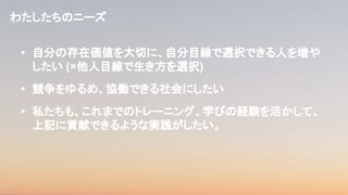 • 自分の存在価値を大切に、自分目線で選択できる人を増や
したい (×他人目線で生き方を選択)
• 競争をゆるめ、協働できる社会にしたい
• 私たちも、これまでのトレーニング、学びの経験を活かして、
上記に貢献できるような実践がしたい。
わたしたちのニーズ
 