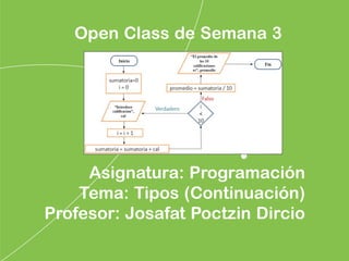 Asignatura: Programación
Tema: Tipos (Continuación)
Profesor: Josafat Poctzin Dircio
Open Class de Semana 3
 