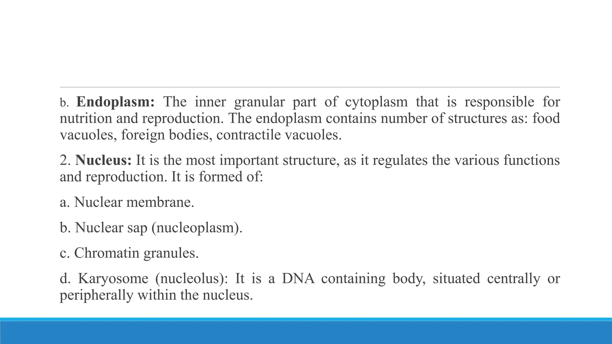b. Endoplasm: The inner granular part of cytoplasm that is responsible for
nutrition and reproduction. The endoplasm contains number of structures as: food
vacuoles, foreign bodies, contractile vacuoles.
2. Nucleus: It is the most important structure, as it regulates the various functions
and reproduction. It is formed of:
a. Nuclear membrane.
b. Nuclear sap (nucleoplasm).
c. Chromatin granules.
d. Karyosome (nucleolus): It is a DNA containing body, situated centrally or
peripherally within the nucleus.
 