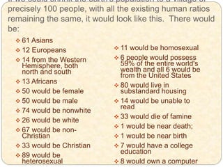 If we could shrink the earth's population to a village of
precisely 100 people, with all the existing human ratios
remaining the same, it would look like this. There would
be:
 61 Asians
 12 Europeans
 14 from the Western
Hemisphere, both
north and south
 13 Africans
 50 would be female
 50 would be male
 74 would be nonwhite
 26 would be white
 67 would be non-
Christian
 33 would be Christian
 89 would be
heterosexual
 11 would be homosexual
 6 people would possess
59% of the entire world's
wealth and all 6 would be
from the United States
 80 would live in
substandard housing
 14 would be unable to
read
 33 would die of famine
 1 would be near death;
 1 would be near birth
 7 would have a college
education
 8 would own a computer
 