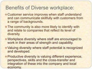 Benefits of Diverse workplace:
Customer service improves when staff understand
and can communicate skillfully with customers from
a range of backgrounds.
The community is also more likely to identify with
and relate to companies that reflect its level of
diversity
Workplace diversity where staff are encouraged to
work in their areas of strength and capability.
Valuing diversity where staff potential is recognized
and developed.
Productive diversity is valuing different experience,
perspectives, skills and the cross-transfer and
integration of these into the company and local
economy.
 