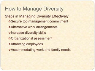 How to Manage Diversity
Steps in Managing Diversity Effectively
Secure top management commitment
Alternative work arrangements
Increase diversity skills
Organizational assessment
Attracting employees
Accommodating work and family needs
 