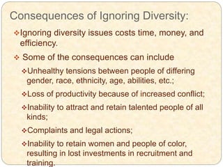 Consequences of Ignoring Diversity:
Ignoring diversity issues costs time, money, and
efficiency.
 Some of the consequences can include
Unhealthy tensions between people of differing
gender, race, ethnicity, age, abilities, etc.;
Loss of productivity because of increased conflict;
Inability to attract and retain talented people of all
kinds;
Complaints and legal actions;
Inability to retain women and people of color,
resulting in lost investments in recruitment and
training.
 