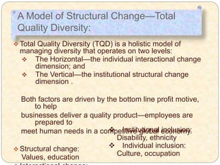 A Model of Structural Change—Total
Quality Diversity:
 Total Quality Diversity (TQD) is a holistic model of
managing diversity that operates on two levels:
 The Horizontal—the individual interactional change
dimension; and
 The Vertical—the institutional structural change
dimension .
Both factors are driven by the bottom line profit motive,
to help
businesses deliver a quality product—employees are
prepared to
meet human needs in a competitive global economy.
 Structural change:
Values, education
 Institutional inclusion:
Disability, ethnicity
 Individual inclusion:
Culture, occupation
 