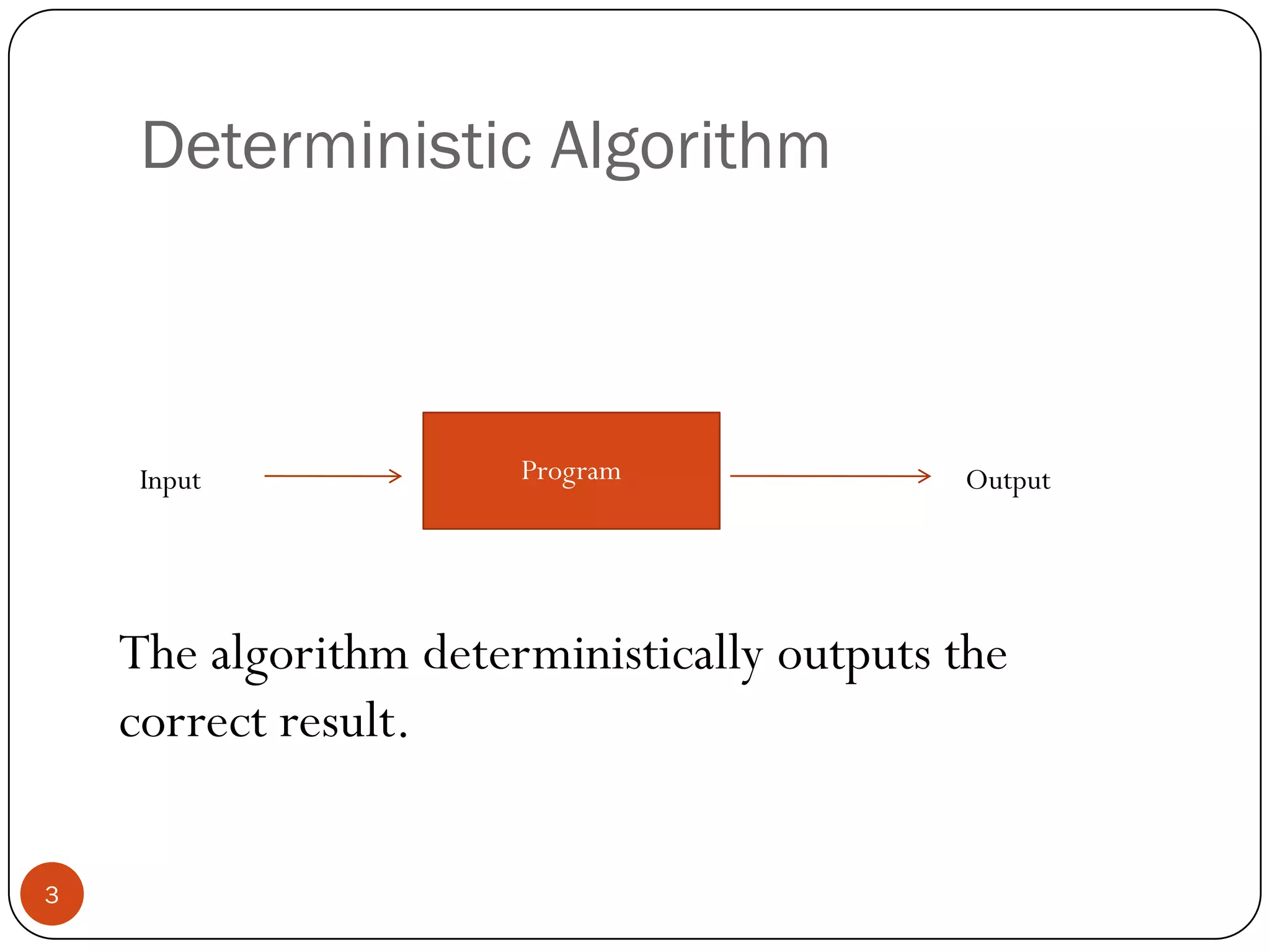Deterministic AlgorithmProgramInputOutputThe algorithm deterministically outputs the correct result.3