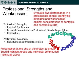 Professional Strengths and Weaknesses. Professional Strengths. Practical Application Personal Commitment to Professional Standards and Ethics  Researching Professional Weakness. Identifying an appropriate solution Evaluate own performance in a professional context identifying strengths and weaknesses against considerations of contexts and constraints (IB1) Presentation at the end of the project to group . Should highlight group and individual contribution (16th May 2009) 