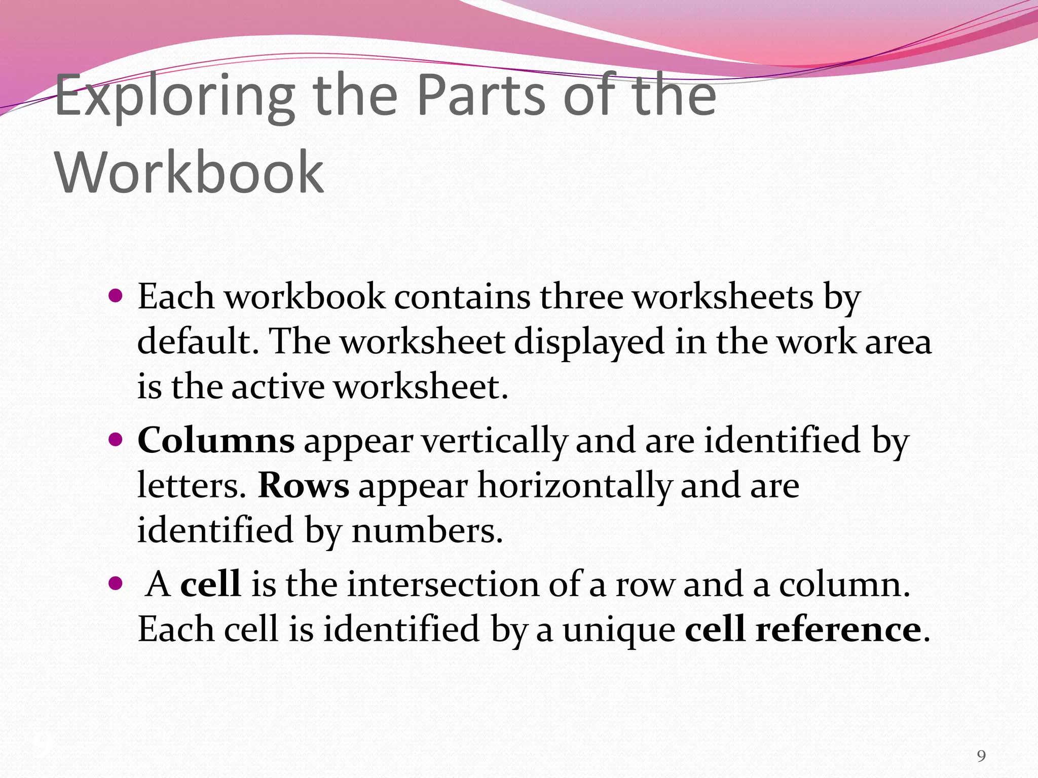 Exploring the Parts of the
Workbook
 Each workbook contains three worksheets by
default. The worksheet displayed in the work area
is the active worksheet.
 Columns appear vertically and are identified by
letters. Rows appear horizontally and are
identified by numbers.
 A cell is the intersection of a row and a column.
Each cell is identified by a unique cell reference.
9
99
 