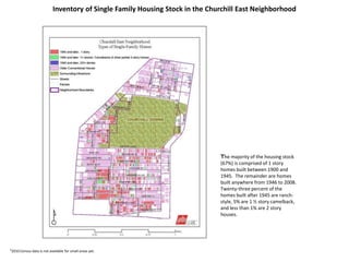 Inventory of Single Family Housing Stock in the Churchill East Neighborhood
12010 Census data is not available for small areas yet.
The majority of the housing stock
(67%) is comprised of 1 story
homes built between 1900 and
1945. The remainder are homes
built anywhere from 1946 to 2008.
Twenty-three percent of the
homes built after 1945 are ranch-
style, 5% are 1 ½ story camelback,
and less than 1% are 2 story
houses.
 