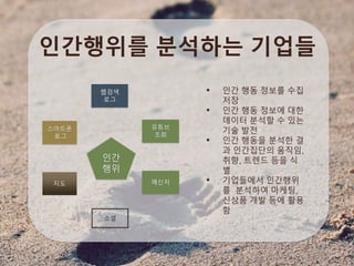 인간행위를 분석하는 기업들
스마트폰
로그
웹검색
로그
유튜브
조회
지도
소셜
메신저
인간
행위
• 인간 행동 정보를 수집
저장
• 인간 행동 정보에 대한
데이터 분석할 수 있는
기술 발전
• 인간 행동을 분석한 결
과 인간집단의 움직임,
취향, 트렌드 등을 식
별
• 기업들에서 인간행위
를 분석하여 마케팅,
신상품 개발 등에 활용
함
 
