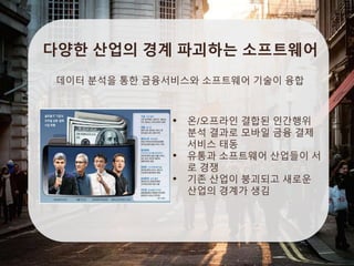 다양한 산업의 경계 파괴하는 소프트웨어
• 온/오프라인 결합된 인간행위
분석 결과로 모바일 금융 결제
서비스 태동
• 유통과 소프트웨어 산업들이 서
로 경쟁
• 기존 산업이 붕괴되고 새로운
산업의 경계가 생김
데이터 분석을 통한 금융서비스와 소프트웨어 기술이 융합
 
