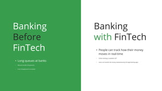 Banking
Before
FinTech
• Long queues at banks
• Manual transfer of payments
• A ton of paperwork is involved
Banking
with FinTech
• People can track how their money
moves in real-time
• Online banking is available 24/7
• Users can transfer the money instantaneously through banking apps
 