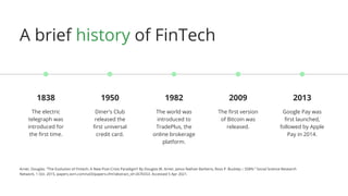 1950
Diner's Club
released the
first universal
credit card.
1838
The electric
telegraph was
introduced for
the first time.
1982
The world was
introduced to
TradePlus, the
online brokerage
platform.
2009
The first version
of Bitcoin was
released.
2013
Google Pay was
first launched,
followed by Apple
Pay in 2014.
Arner, Douglas. “The Evolution of Fintech: A New Post-Crisis Paradigm? By Douglas W. Arner, Janos Nathan Barberis, Ross P. Buckley :: SSRN.” Social Science Research
Network, 1 Oct. 2015, papers.ssrn.com/sol3/papers.cfm?abstract_id=2676553. Accessed 5 Apr 2021.
A brief history of FinTech
 