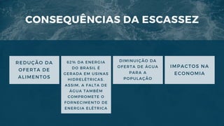 CONSEQUÊNCIAS DA ESCASSEZ
REDUÇÃO DA
OFERTA DE
ALIMENTOS
62% DA ENERGIA
DO BRASIL É
GERADA EM USINAS
HIDRELÉTRICAS.
ASSIM, A FALTA DE
ÁGUA TAMBÉM
COMPROMETE O
FORNECIMENTO DE
ENERGIA ELÉTRICA
DIMINUIÇÃO DA
OFERTA DE ÁGUA
PARA A
POPULAÇÃO
IMPACTOS NA
ECONOMIA
 