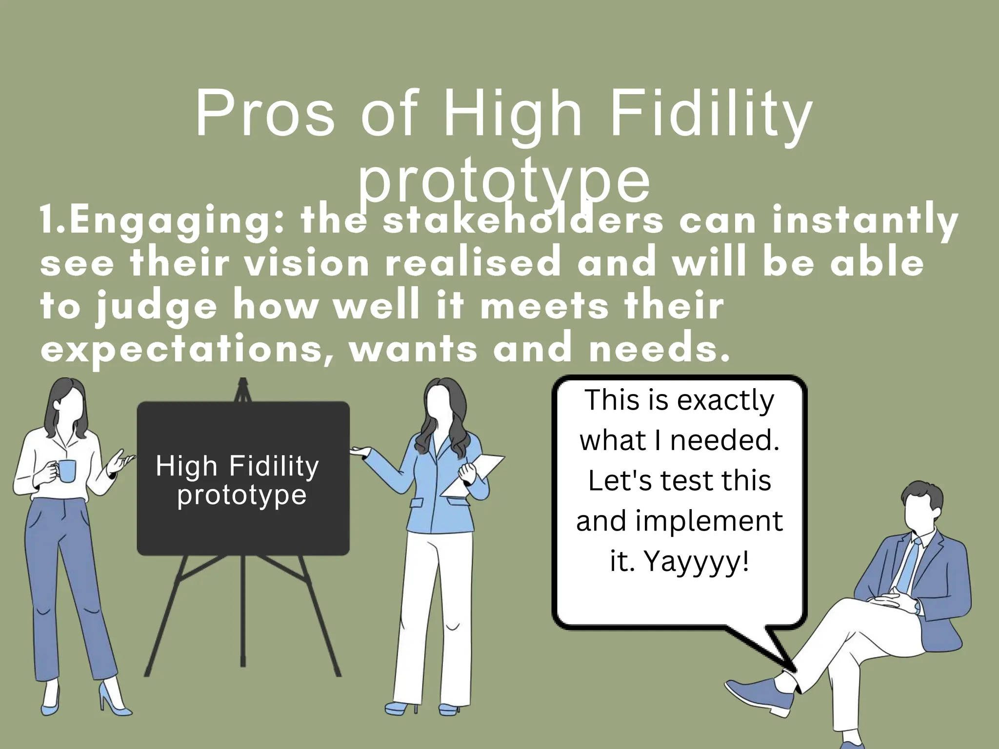 Pros of High Fidility
prototype
High Fidility
prototype
This is exactly
what I needed.
Let's test this
and implement
it. Yayyyy!
 