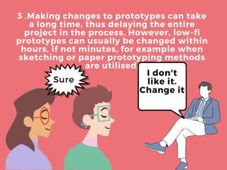 3 .Making changes to prototypes can take
a long time, thus delaying the entire
project in the process. However, low-fi
prototypes can usually be changed within
hours, if not minutes, for example when
sketching or paper prototyping methods
are utilised.
I don't
like it.
Change it
Sure
 