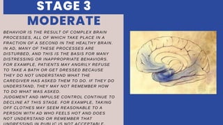 BEHAVIOR IS THE RESULT OF COMPLEX BRAIN
PROCESSES, ALL OF WHICH TAKE PLACE IN A
FRACTION OF A SECOND IN THE HEALTHY BRAIN.
IN AD, MANY OF THESE PROCESSES ARE
DISTURBED, AND THIS IS THE BASIS FOR MANY
DISTRESSING OR INAPPROPRIATE BEHAVIORS.
FOR EXAMPLE, PATIENTS MAY ANGRILY REFUSE
TO TAKE A BATH OR GET DRESSED BECAUSE
THEY DO NOT UNDERSTAND WHAT THE
CAREGIVER HAS ASKED THEM TO DO. IF THEY DO
UNDERSTAND, THEY MAY NOT REMEMBER HOW
TO DO WHAT WAS ASKED.
JUDGMENT AND IMPULSE CONTROL CONTINUE TO
DECLINE AT THIS STAGE. FOR EXAMPLE, TAKING
OFF CLOTHES MAY SEEM REASONABLE TO A
PERSON WITH AD WHO FEELS HOT AND DOES
NOT UNDERSTAND OR REMEMBER THAT
MODERATE
STAGE 3
 
