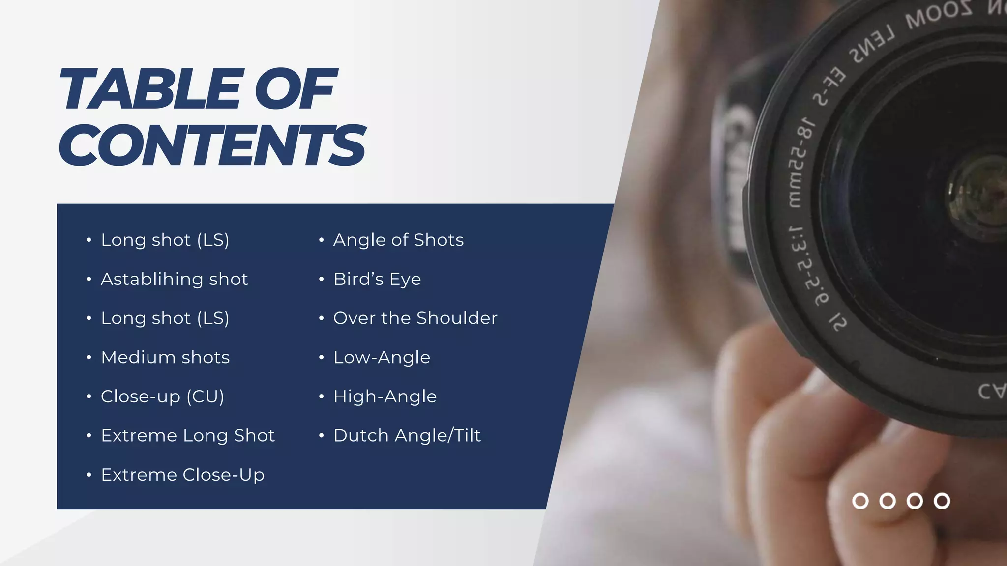 TABLE OF
CONTENTS
• Long shot (LS)
• Astablihing shot
• Long shot (LS)
• Medium shots
• Close-up (CU)
• Extreme Long Shot
• Extreme Close-Up
• Angle of Shots
• Bird’s Eye
• Over the Shoulder
• Low-Angle
• High-Angle
• Dutch Angle/Tilt
 
