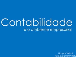 Contabilidade
    e o ambiente empresarial




                      Unopar Virtual
                   Itumbiara 03-07-2012
 