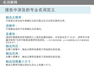 名词解释

报告中涉及的专业名词定义
触击正确率：
手指首次成功击中刺激红点的次数占红点出现总数的比率。

误操作：
手指触击坐标不在刺激红点区域内。

显著性：
t值和P值都是用来判断统计上是否显著的指标。本实验设定 P =0.01，即样本中变
量关联有1%的可能是由偶然性造成的。（在许多研究领域，p=0.05通常被认定为可接受错误
的边界水平。）

触击热区：
在整个屏幕中，触击正确率显著高于其他部位的区域。
触击死角：
在整个屏幕中，触击正确率显著低于其他部位的区域。

触击范围最小尺寸：
触击正确率均值达到95%及以上的最小尺寸。
 