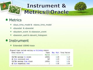 Instrument & Metrics@OracleMetricsv$sys_time_model &  v$sess_time_modelv$sysstat  & v$sesstatv$system_event  & v$session_event v$session_wait & v$event_histogramInstrumentExtended 10046 trace